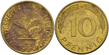 ФРГ 10 пфеннигов 1990 G J. 383, KM 108 сталь плакированная латунью    4603-627