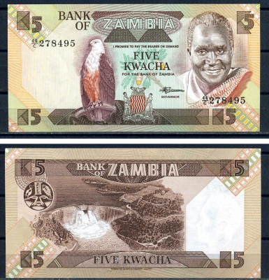 Замбия 5 квача ND (1980-1988) Pick 25 d бумага UNC (ПРЕСС) 7552-32-2-2