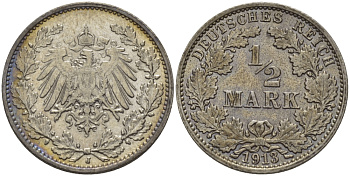 Германия 1/2 марки 1913 J J. 16, KM 17 серебро UNC 413-6213