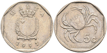 Мальта 5 центов 1991 краб KM 95 медно-никель 4547-1219