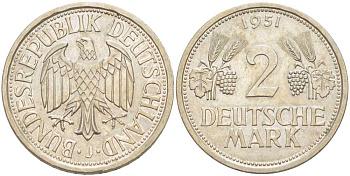 ФРГ 2 марки 1951 J J.386 KM 111 медно-никель плакированный никелем 23-554