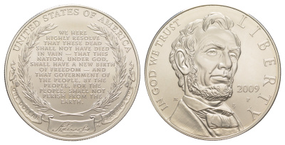 США 1 доллар 2009 P, 200 лет со дня рождения Авраама Линкольна KM 454 серебро  UNC  1079-5-52