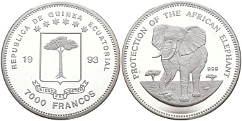 Экваториальная Гвинея 7000 франков 1993 серия защита исчезающих видов животных, слоны KM 77 серебро PROOF 1091-3-62