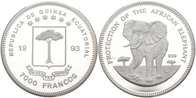Экваториальная Гвинея 7000 франков 1993 серия защита исчезающих видов животных, слоны KM 77 серебро PROOF 1091-3-62