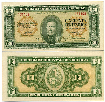 Уругвай 50 сентесимо 1939 Хосе Хервасио Артигас, серия S Pick 34 бумага UNC (пресс) 447-86-3-2