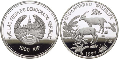 Лаос 1000 кипов 1997 серия защита природы, длиннорогая саола KM 67 серебро PROOF 00-00