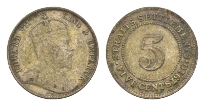 Стрейтс-Сетлментс (Стрейтс Сетлментс) 5 центов 1910 Эдуард VII (1901-1910) KM 20a серебро 1519-1033