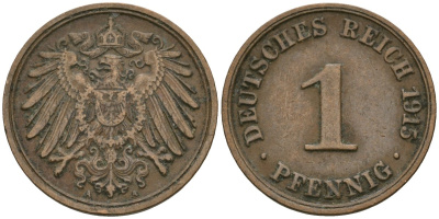Германия 1 пфенниг 1915 A, Вильгельм II (1888-1918) KM 10, J. 10 медь 4608-125