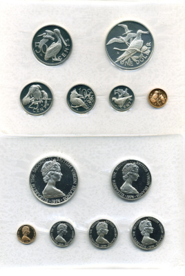 Британские Виргинские острова набор из 6 монет 1974 птицы, запайка, в оригинальной коробке с сертификатом тираж 93555 экз., KM PS2 серебро PROOF 7-7-19