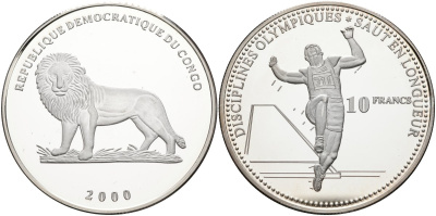 Конго 10 франков 2000 олимпийские дисциплины, прыжки в длинну KM 44 серебро PROOF 04-319-14