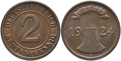 ГЕРМАНИЯ 2 РЕНТПФЕННИГА 1924 E J 307, KM 31 бронза UNC 66-719