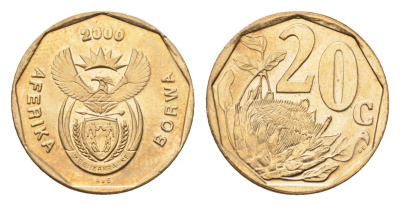 ЮАР 20 центов 2000 герб, цветок протея KM 225 сталь плакированная латунью UNC 4694-918