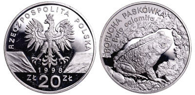 Польша 20 злотых 1998 серия сохраним наш мир, лягушка, тираж 20000 экз. KM 343, Par. 774 серебро PROOF 00-821-84