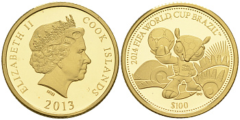 Острова Кука 100 долларов 2013 Чемпионат мира по футболу в Бразилии 2014, талисман KM NEW золото PROOF 00-000-00