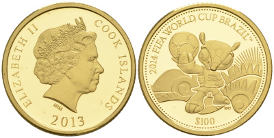 Острова Кука 100 долларов 2013 Чемпионат мира по футболу в Бразилии 2014, талисман KM NEW золото PROOF 00-000-00