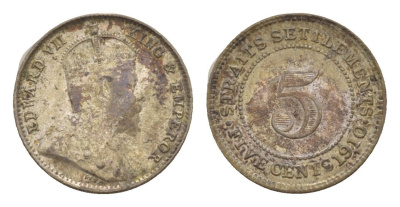 Стрейтс-Сетлментс (Стрейтс Сетлментс) 5 центов 1910 Эдуард VII (1901-1910) KM 20a серебро 1519-1035