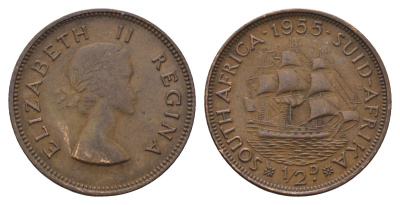 ЮАР 1/2 пенни 1955 Елизавета II (1952-1960), парусник KM 45 бронза 4693-231