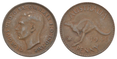 Австралия 1 пенни 1941 Георг VI (1936-1952), кенгуру KM 36 бронза 4680-1021