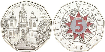 Австрия 5 евро 2007 850 лет городу Мариацелль, церковь, с цветной эмалью KM 3145 серебро UNC 02-227-23