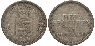Саксония 1 новый грош - 10 пфеннигов 1850 Фридрих Август II (1797-1854) KM 1159, J. 82 серебро 75-131