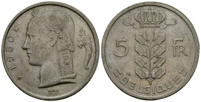 Бельгия 5 франков 1950 Belgique KM 134 медно-никель 4172-551