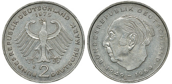 ФРГ 2 марки 1975 F, Теодор Хойс KM 127, J. 407 медно-никель плакированный никелем UNC 4681-952