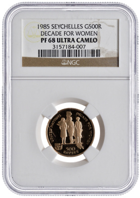 Сейшельские острова 500 рупий 1985 год женщины, в слабе NGC PR 68 ULTRA CAMEO, тираж 500 экземпляров KM 62 золото  PROOF  15-005-05
