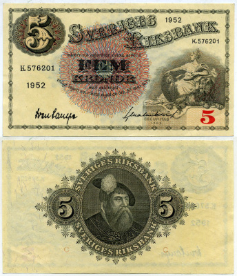 Швеция 5 крон 1952 C, король Густав I Pick 33ai бумага aUNC 6266-24-2