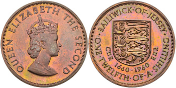 Джерси 1/12 шиллинга 1960 Елизавета II (1952-2022), 300 лет вступления на престол короля Карла II, тираж 4200 экз. KM 23 бронза PROOF 603-1122