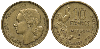 Франция 10 франков 1953 В, петух KM 915.2, Le Franc 363.9 алюминиевая бронза 4128-455