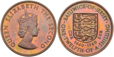 Джерси 1/12 шиллинга 1960 Елизавета II (1952-2022), 300 лет вступления на престол короля Карла II, тираж 4200 экз. KM 23 бронза PROOF 603-1122