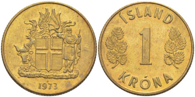 Исландия 1 крона 1973 THIN, SHARP-END 3 KM 12a никель латунь 106-237