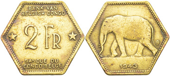 Бельгийское Конго 2 франка 1943 слон, шестиугольная, год тип KM 25 латунь 4541-1012