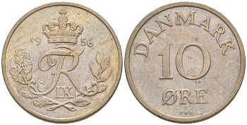 ДАНИЯ 10 ЭРЕ 1956 C; S, ФРЕДЕРИК IX (1947-1972) КМ 841.2 медно-никель UNC 187-636