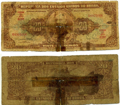 БРАЗИЛИЯ 20 КРУЗЕЙРО 1955-1961 СЕРИЯ 629А, ESTAMPA 2A, ПОДПИСЬ 3 Pick 160а бумага G 7215-53-2