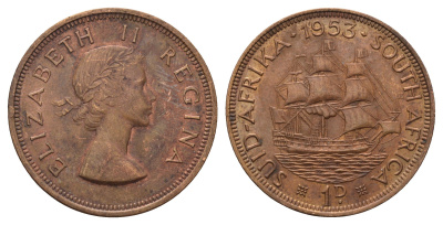 ЮАР 1 пенни 1953 Елизавета II (1952-2022), парусник KM 46 бронза 4692-212
