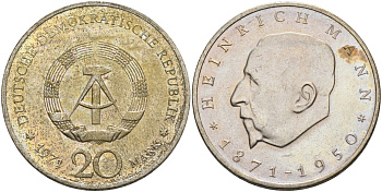 ГДР 20 марок 1971 А, 100 лет со дня рождения Генриха Манна (1871-1950) KM 33, J. 1531 медно-никель UNC 4558-612