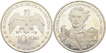ФРГ 10 евро 2003 J, 200 лет со дня рождения Юстуса фон Либиха KM 222, DE.S. 10.7 серебро PROOF 02-116-25