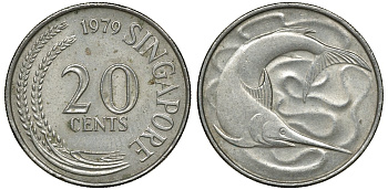 Сингапур 20 центов 1979 голубой марлин, тунец KM 4 медно-никель 4681-1044