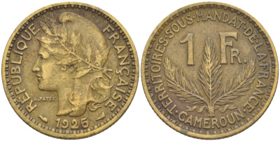 Французский Камерун 1 франк 1925 (а), монетный двор Париж KM 2 алюминиевая бронза 33-554