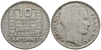 Франция 10 франков 1931 Пьер Тюрен KM 878, Le Franc 360.4 серебро 4683-1023