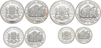 Сомали набор из 4 монет 2006 Дикая природа Африки 2006, слоны, 250, 500, 1000, 2000 шиллингов (1/4 oz, 1/2 oz, 1 oz, 2 oz), в оригинальной деревянной коробке с сертификатом №006, тираж 2000 экз. KM 197, 198, 199, 195а серебро PROOF 3-5-2-51