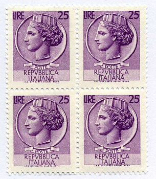 Италия блок из четырех почтовых марок по 25 лир Республика Италия бумага UNC (пресс) 00-00
