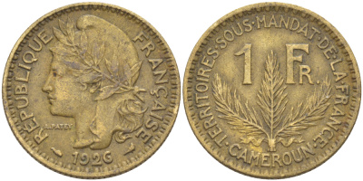 Французский Камерун 1 франк 1926 (а), монетный двор Париж KM 2 алюминиевая бронза 60-1214