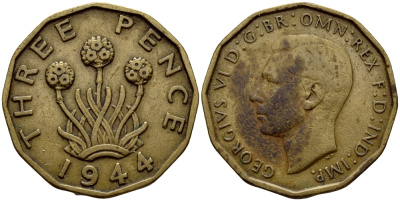Великобритания 3 пенса 1944 Георг VI (1936-1952) KM 849, Spink 4112 никель латунь 4397-225