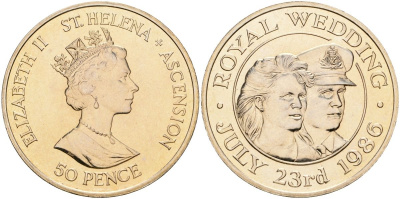 Острова Святой Елены 50 пенсов 1986 свадьба принца Эндрю и мисс Сары Фергюсон KM 7 медно-никель UNC 3897-924