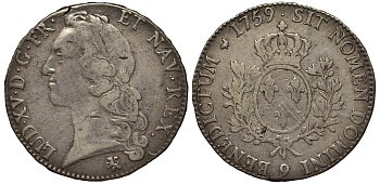 Франция 1 экю 1759 9, Людовик XV KM 512.27 (C 47.25) серебро    1516-1634