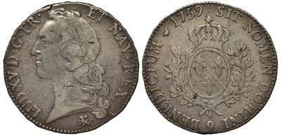 Франция 1 экю 1759 9, Людовик XV KM 512.27 (C 47.25) серебро    1516-1634