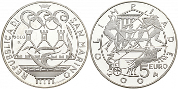 Сан-Марино 5 евро 2003 R,  Летние Олимпийские игры 2004 в Афинах KM 453 серебро PROOF 02-014-45