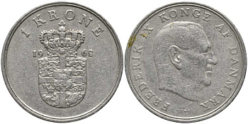 Дания 1 крона 1962 C; S, Фредерик IX (1947-1972) KM 851 медно-никель 113-853